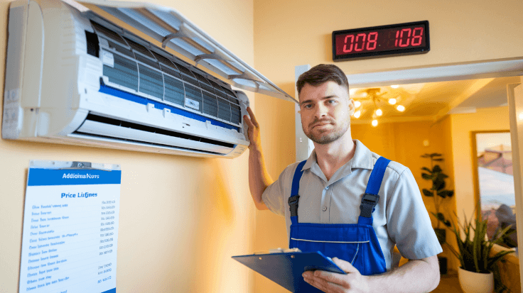 Skilled AC technician standing beside a fully serviced air conditioner after completing efficient repair work, ensuring optimal cooling performance